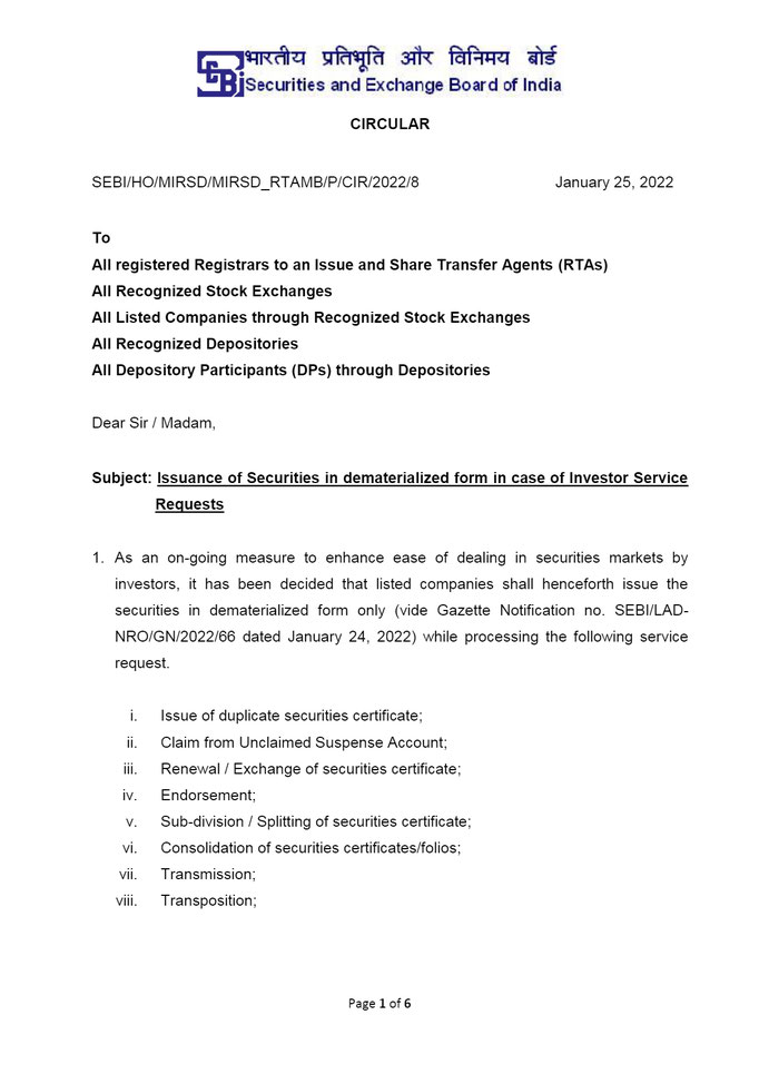 SEBI circular dated Jan 25, 2022 - Issuance of Securities in dematerialized form (Letter Of Confirmation)