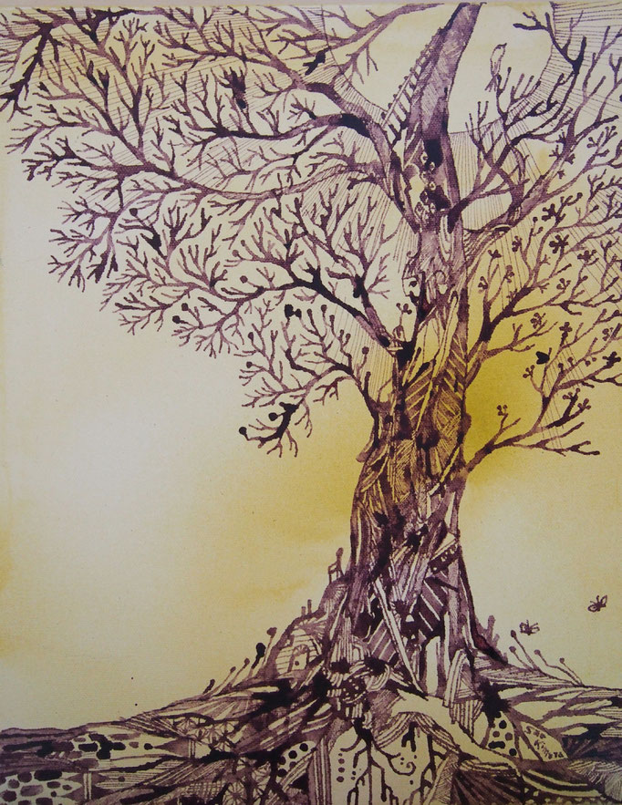 'Tree'   11x14" Ink on painted canvas