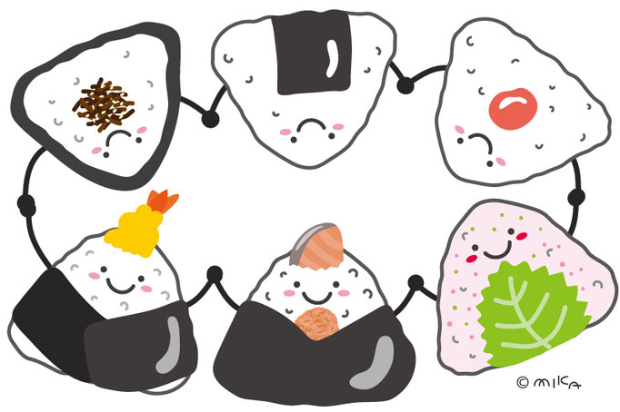 おむすび・おにぎりが手をつなぐイラスト（文字なし）