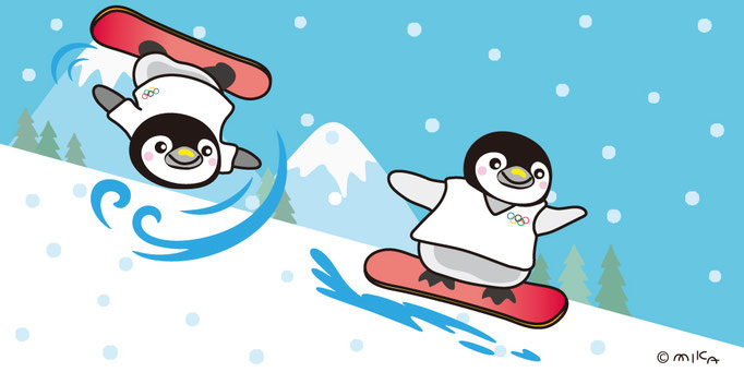 ペンギン回転して滑る（青空うすめ／横長）