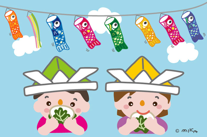 吹き流しと柏餅を食べる子ども達（背景水色）