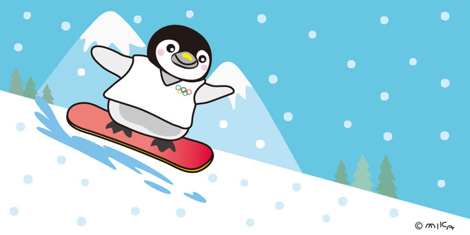 ペンギン雪山でスノボー（横長／青空うすめ）