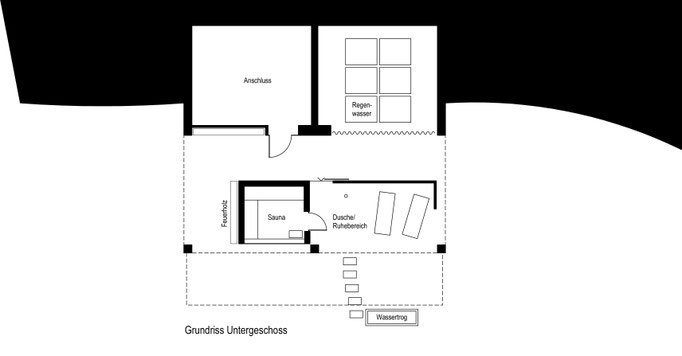 Grundriss Untergeschoss mit Sauna und Ruheterrasse.