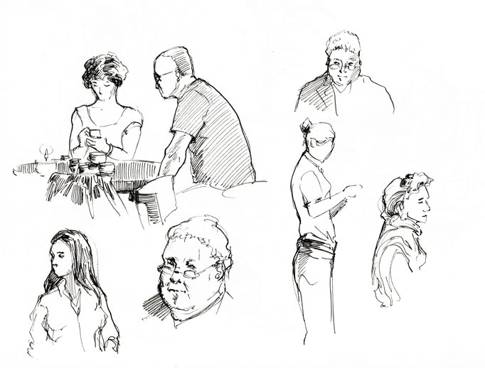 More sketches of people enjoying their coffee and meals, and the waitress writing down their orders