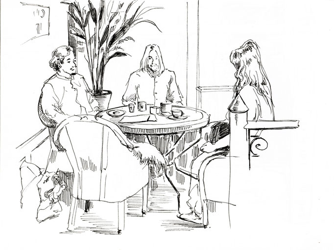 Sketch of a group of people enjoying their coffee in a restaurant in Nuremberg