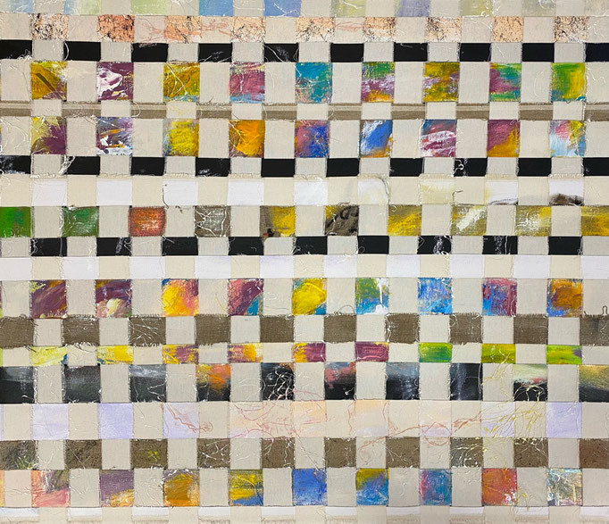 Bild Nr. 988, Leitfäden, 85 x 100 cm, Acryl und Ölkreide und Baumwolle