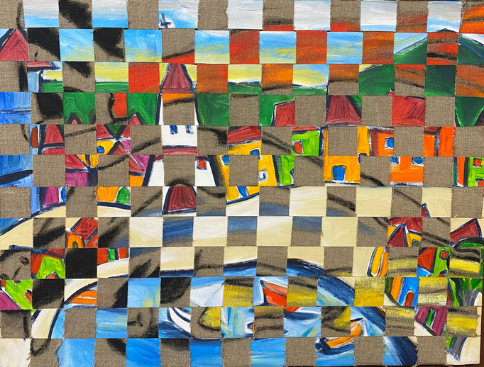 Bild Nr. 941, Drei Frauen im Dorf, 60 x 80 cm, Acryl und Jute