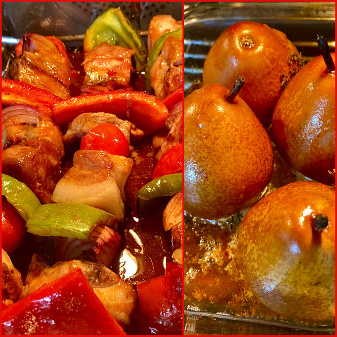 Skewers of croustillant pork with peppers and roasted pears by ZsL