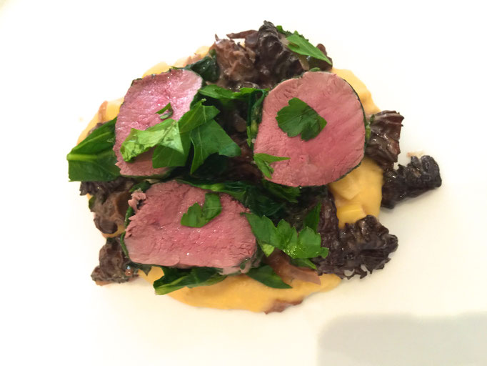 Poached duck with morels sauce over a bed of polenta by ZsL
