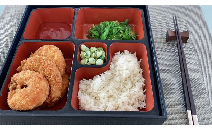 Japanese Bento Box with shrimps with sweet & sour sauce, sticky rice and wakame by ZsL