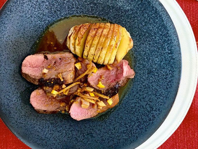 Duck breast in orange ginger sauce and Hasselback potatoes by ZsL