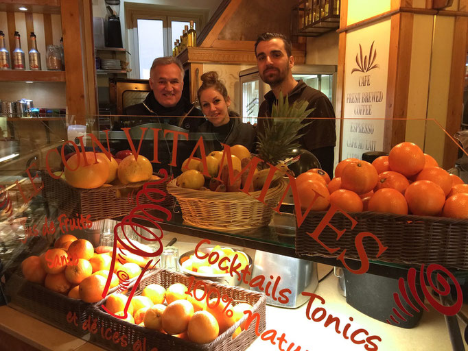 Zsolt with Sabine and Ivan at the Coffee Shop at the local market