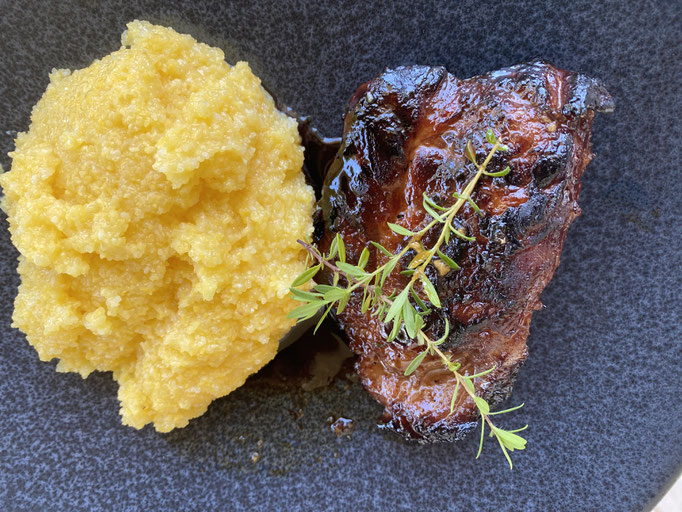 Seared Pluma Iberica with Polenta by ZsL