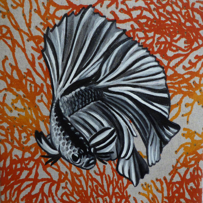 Kämpferischer Fisch, 2019. Acryl auf mit Stoffprint bespannter Leinwand, 50x60cm  © Christian Benz 