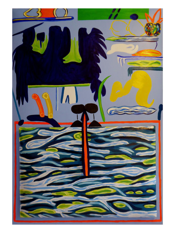 Rheinwasser, Acryl, Öl und Siebdrucktinte auf zwei Leinwänden, 70x100cm u. 60x40cm © Christian Benz 