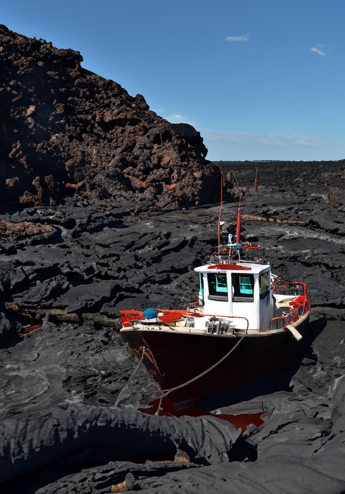 A boat floating on a lava lake.