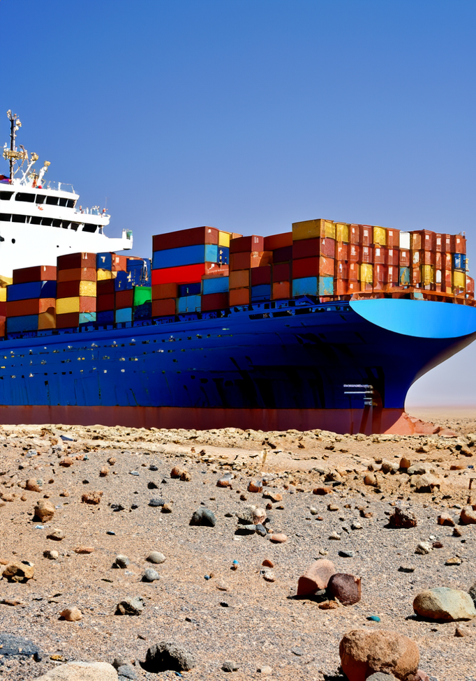 A container-ship navigating through the desert