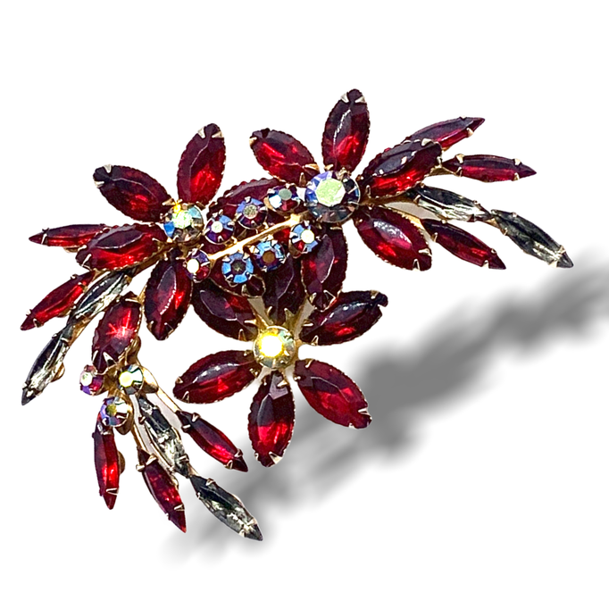 50s BEAUJEWELS Incredible Multi Layered  Red and Gray Navette Rhinestones brooch  -Art.794/3- 