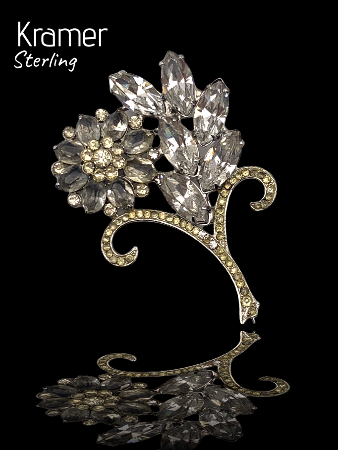 Rare High End Kramer Sterling Signed Austrian Rhinestones Floral Spray Brooch - exquisite Diamond Look brooch - Art.590/4-
