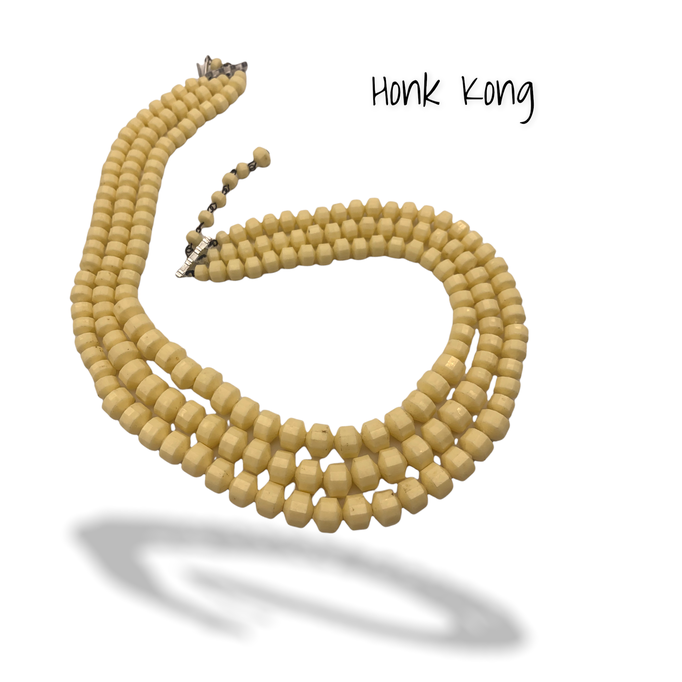 1950s Vintage Ivory color Triple Strand Graduated bicone cylindrical  Bead Necklace Hong Kong Signed - art.291/4-