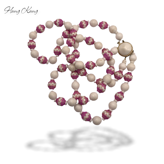 Vintage Pink and White Double Strand Beaded Necklace, Marked Hong Kong of the 1960's - art.956/5
