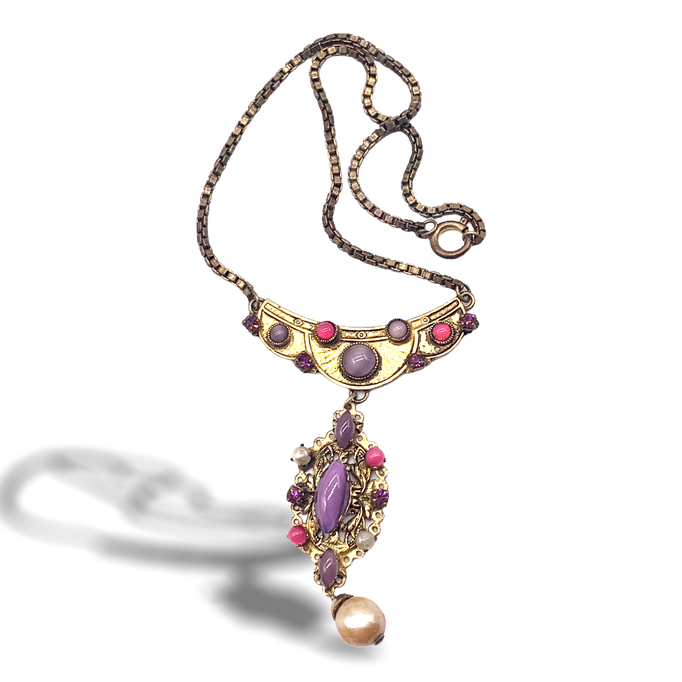Charming and rare Lavalier Necklace - cabochons,tiny pearls,crystals and dark gold- Beautiful antique jewelry-dangling necklace-Art.748/2