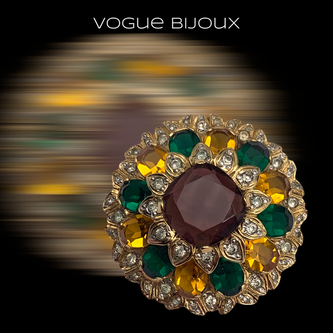 Gorgeous VOGUE BIJOUX domed layered brooch - Hight-end vintage jewel with unfoiled stones and sparkling clear crystals -art-240/6