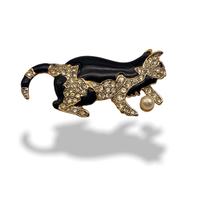 Rare D'Orlan signed Cat figure playing with Pearl brooch-enamel and Swarovski crystals-adorable cat/puppy/kitten figure pin- Art.245/4-