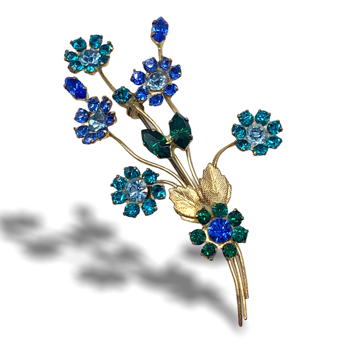 1940s Vintage floral spray Brooch with crystal rhinestones in a classy green and blue palette -- art.257/6