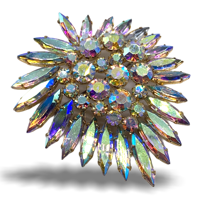 50s Vtg sparkling strong pastel colors superb AB rhinestones layered Drop Brooch- Quality stones on gold tone setting-art.374/6