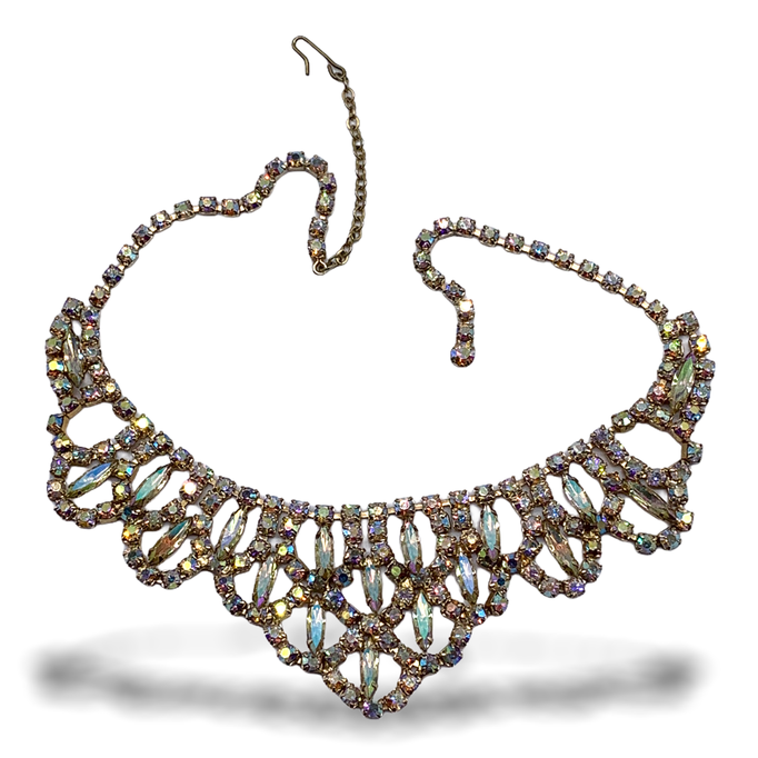 High End Alice Caviness Gold & light Topaz AB Rhinestone Bib Statement Necklace - 1950s Sleek sophisticated lines Necklace -150/4-SOLD