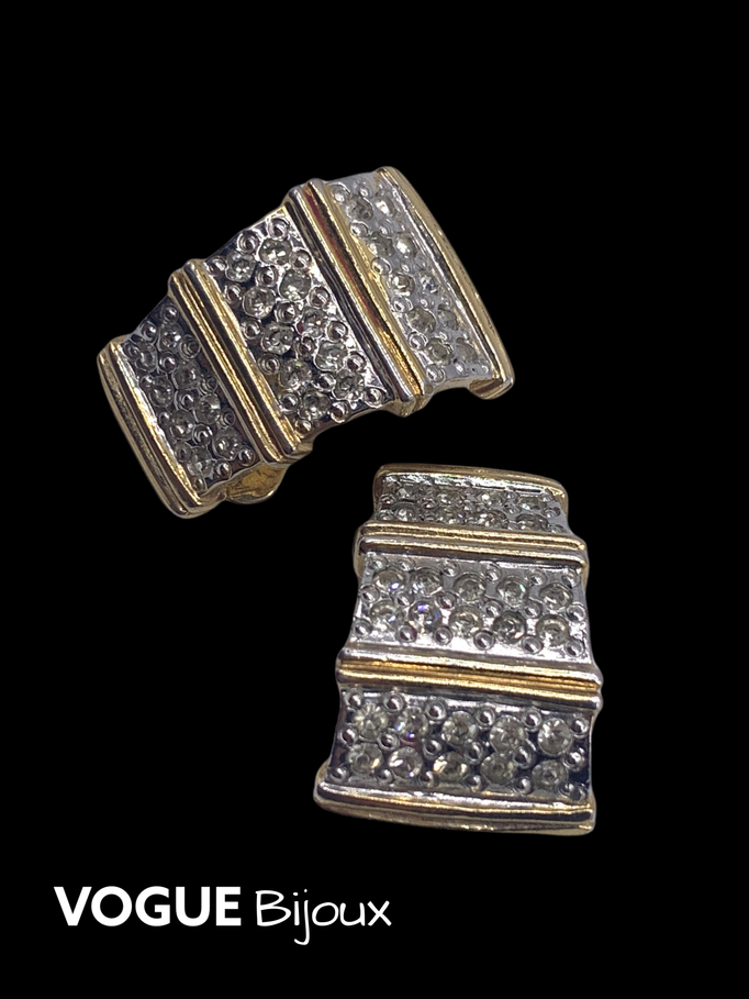 Cool Vogue Bijoux Rhinestone Earrings - signed VOGUE BIJOUX - 1970s italian high fashion - dazzling crystals pave and gold --Art.733 