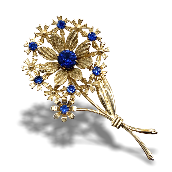 Graceful and feminine stemmed flower brooch - lovely design accentuated by blue rhinestones and florets -Art.505