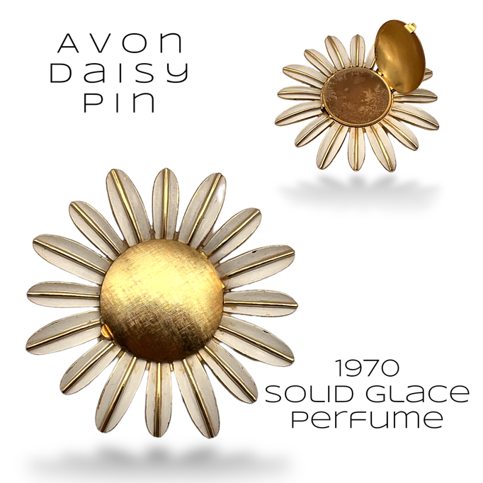 1970s Avon Signed Large White Enamel Daisy Solid Perfume Goldtone Pin/Brooch - Art.404
