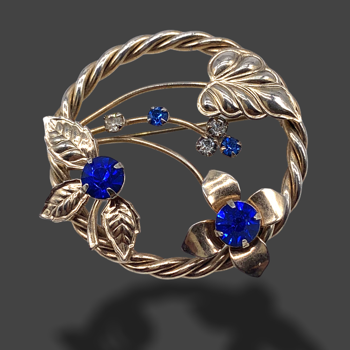 Round Swirling Leaves & Flowers with blue sapphire and Diamond Rhinestones Brooch  -Art.376/4-