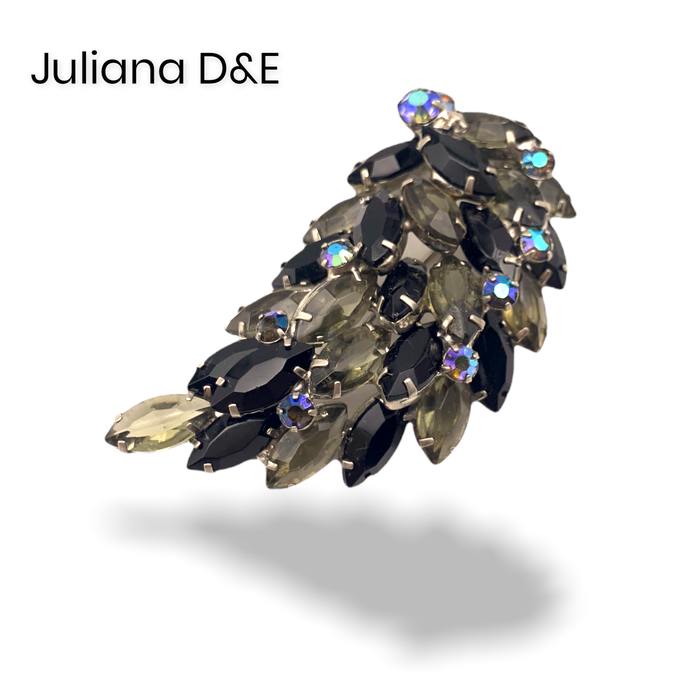 Juliana D&E Irresistible Smoke and Black Rhinestones Brooch Pin with dazzling AB chatons-Layered large leaf brooch unfoiled stones-Art.546/4