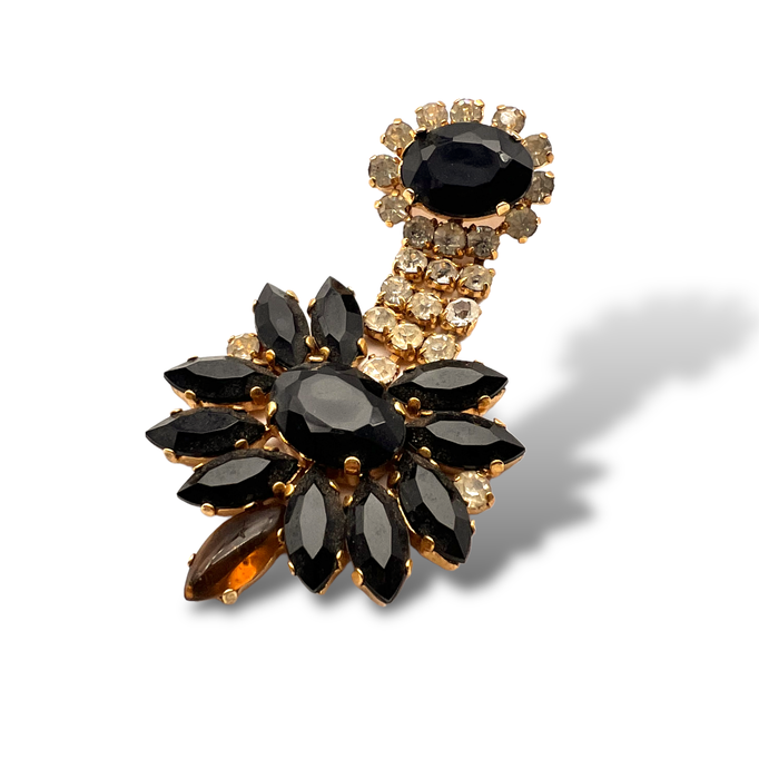 Beautiful Long dangle brooch - 1950s vintage black design - large crystals in elegant black and white--Art.597/2