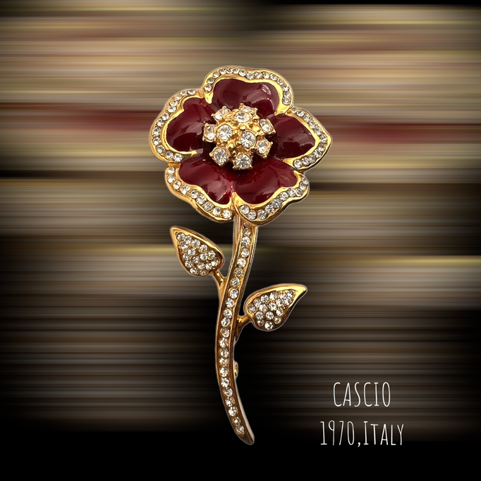 CASCIO high-end Italian Couture stemmed flower brooch w/burgundy enamel accentuated by clear rhinestones - Art.696/6