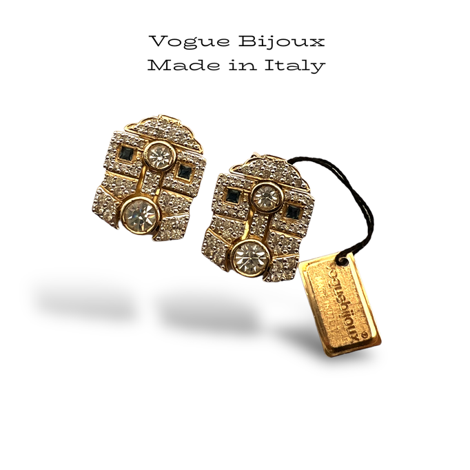 Vogue Bijoux signed stylish Art Deco Italian design  w/clear pave and blue night Princess cut crystal -Art.709/6