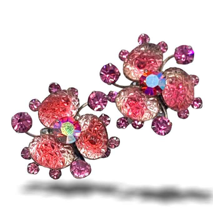  Vintage BEAU JEWELS Cotton Candy Pink Rhinestone Spray poured glass Lava Rock Clip Earrings - Art.627/6