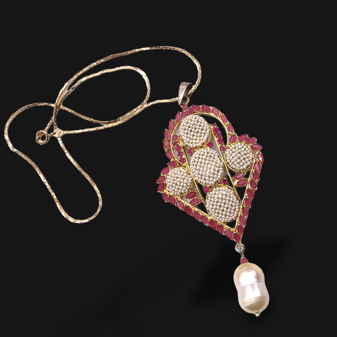 Enchanting large pendant necklace with seeds Venetian beads dangling genuine baroque pearl, 800 silver in gold tone,and ruby stones-Art.44/4