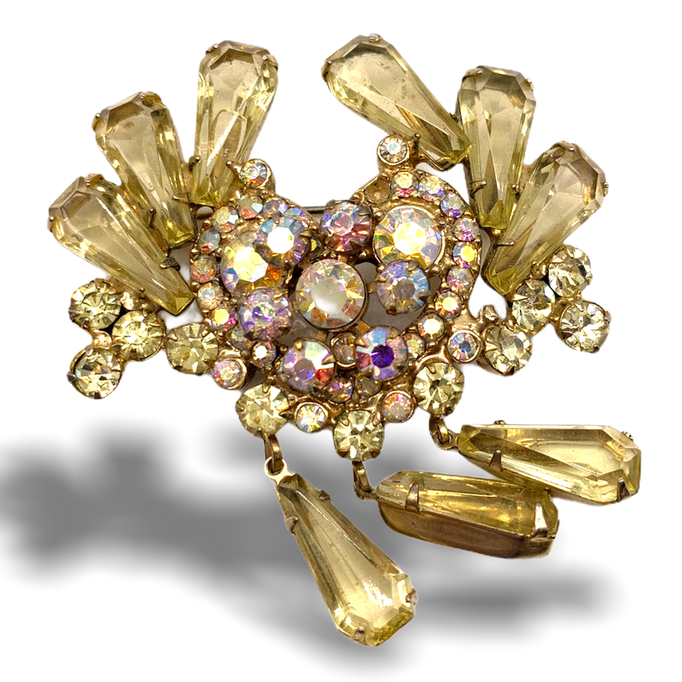 Vintage D&E JULIANA dangle drop Rhinestone Gold Plated Brooch Pin - bright jonquil color and unfoiled stones - Art.43/6