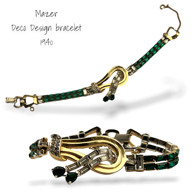 Mazer Bracelet Fabulous Retro Design w/emerald baguette and clear rhinestones High End Designer Signed Vintage - Art.494/6-sold