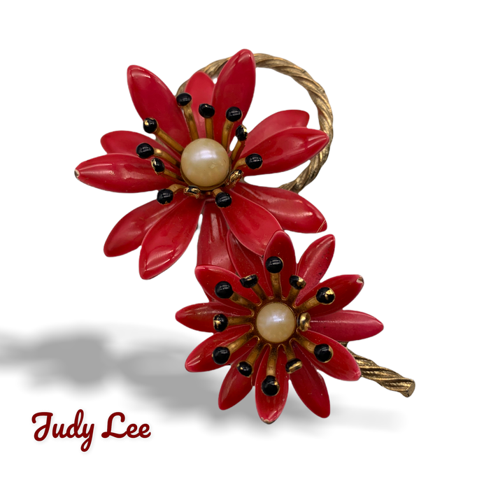 1960s Stunning large flower enamelled and pearls brooch - romantic bouquet Judy Lee signed -- Art.373/3