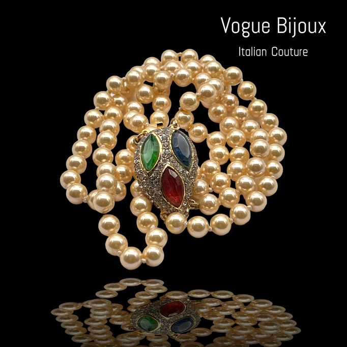VOGUE BIJOUX signed Statement Mogul Style 2 strand Pearl necklace  w/Gripoix stones -subtle Design details & first-class crafting-Art.735/6