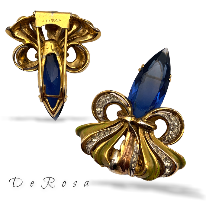 Rare R. DeRosa Art Deco clip dress, unfoiled large stone in cornflower blue crowned w/leaves and ribbons, crystals & enamel - Art.27/6-SOLD