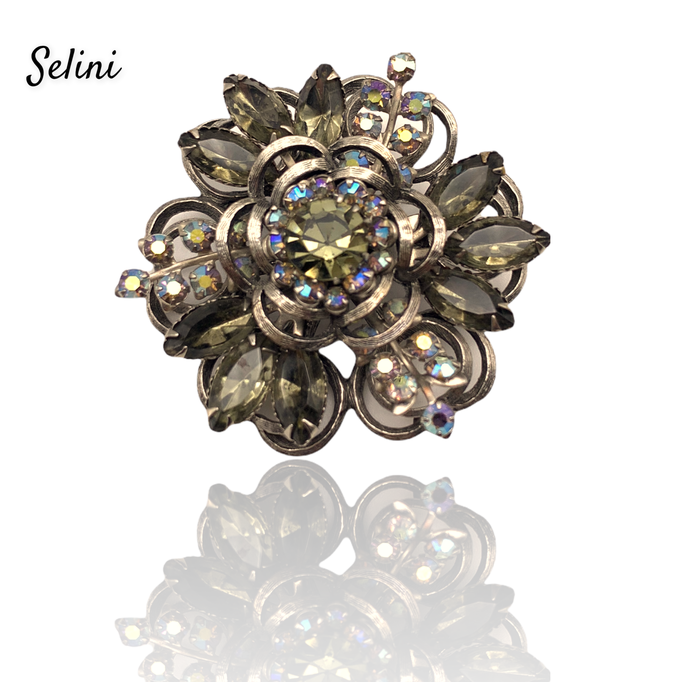SELINI Vintage Costume Jewelry Rare Selro SELINI Tiered Smokey Topaz AB Stones Brooch Pin -50s vintage dazzling brooch/pin - Art.197