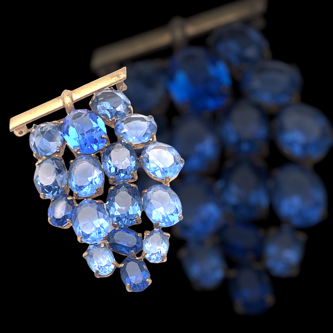 1920 antique bohemia Glass stones Grape Cluster Bunch Pin Brooch - Vibrant bluish purple glass unfoiled stones - art.678/4-