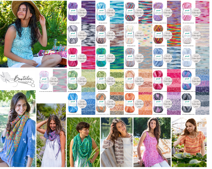 Das Foto zeigt die Farbkarte des Garns Gründl Cotton Quick print. Abgebildet sind Frauen, die handgestrickte oder gehäkelte Tops, Pullis, Jacken oder Tücher tragen, sowie alle erhältlichen Farben mit Knäueln und der entsprechenden Farbe.