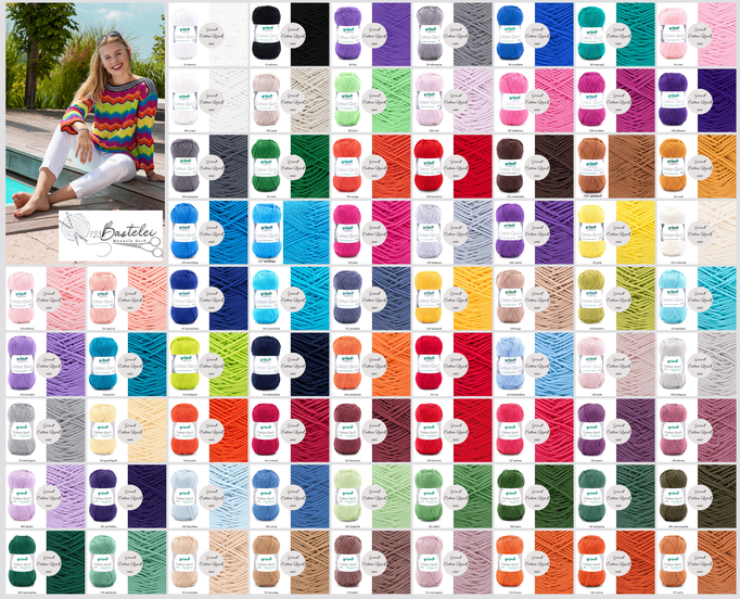 Das Foto zeigt die Farbkarte des Garns Gründl Cotton Quick uni. Abgebildet ist eine Frau mit weißer Hose und einem bunten gestrickten Pullover sowie alle erhältlichen Farben mit Knäueln und der entsprechenden Farbe.